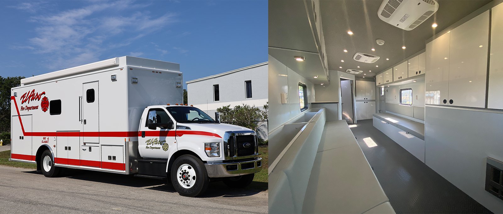 A side by side graphic shows the exterior and interior of the City of El Paso Fire Department’s C32 rehabilitation vehicle. 