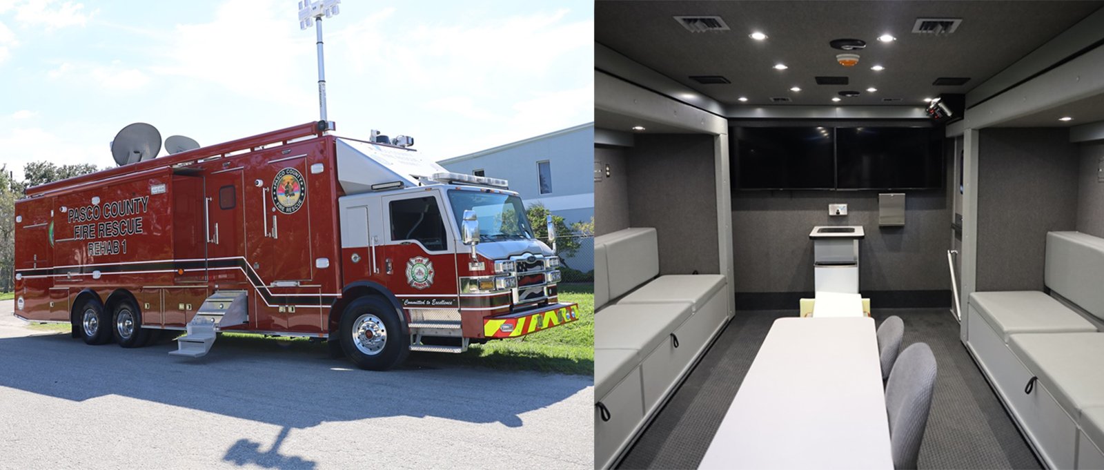 A side-by-side image shows the red Pasco County rehabilitation truck parked outside a warehouse facility with the access stairs extended next to an interior image showing a centered table and chairs with bench seating along each side. 