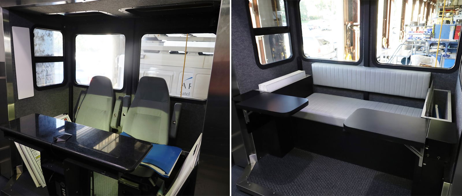 A before and after side-by-side comparison shows the seating area of a mobile command vehicle transition from captain chairs and desk to a bench with two side tables. 