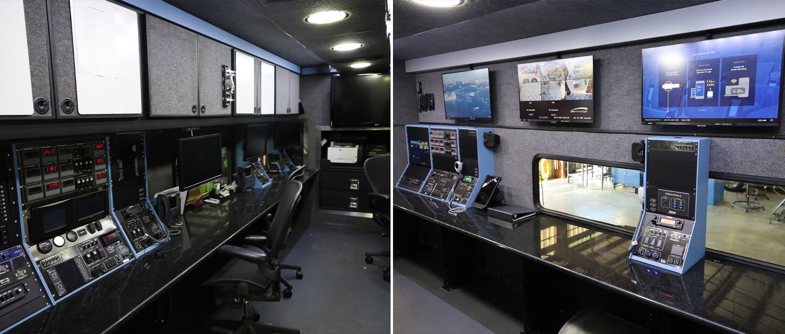 : A before and after side-by-side comparison shows a technology refresh on a mobile command vehicle interior.  