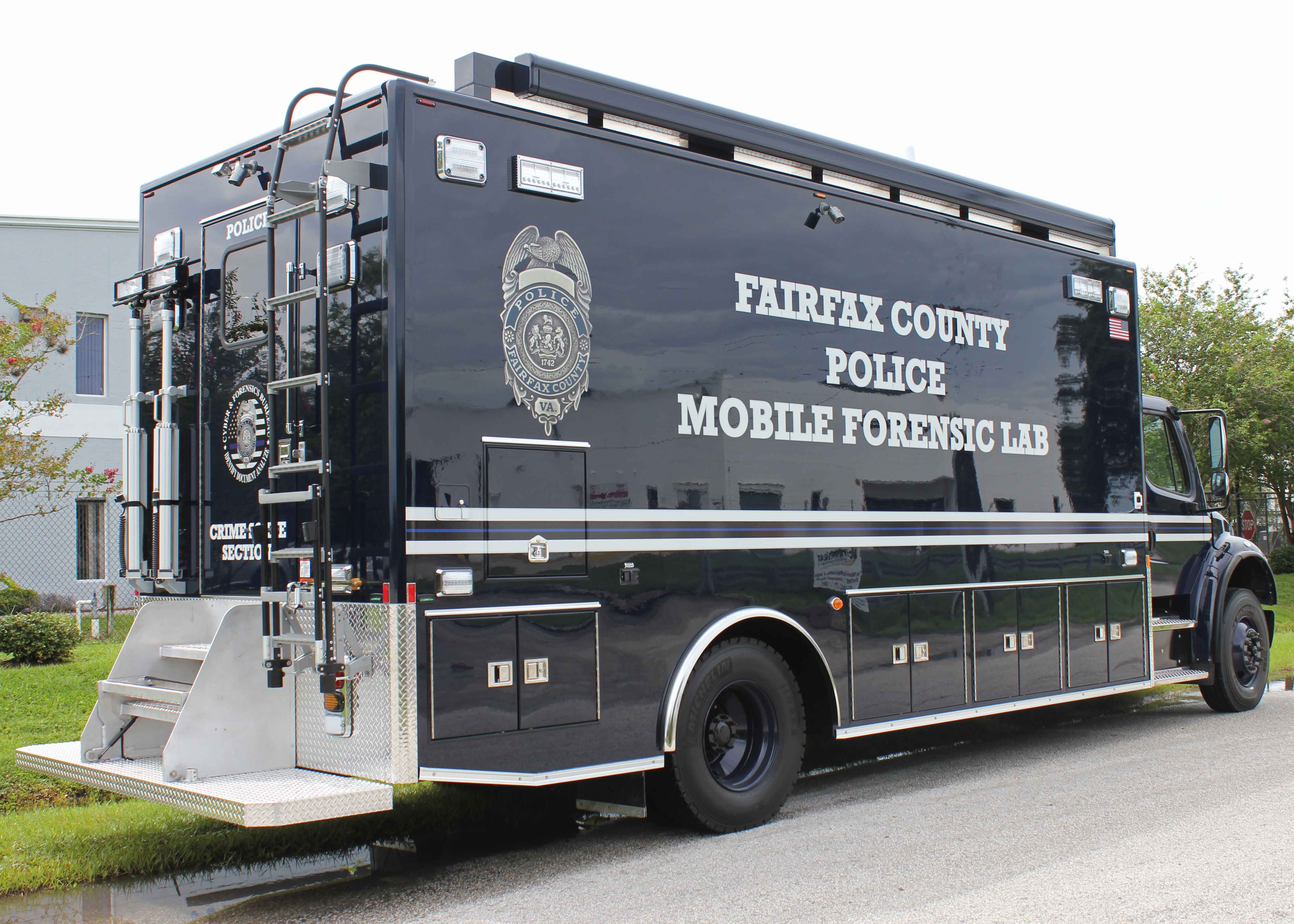 Frontline Communications Mobile Crime Lab parked outside on a cloudy day.