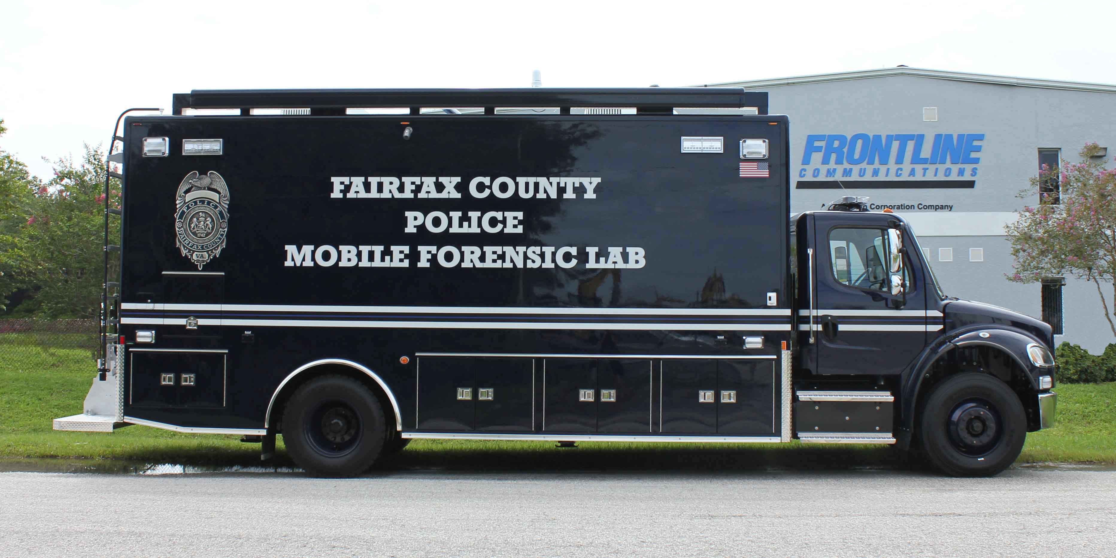 Frontline Communications Mobile Crime Lab parked outside on a cloudy day.